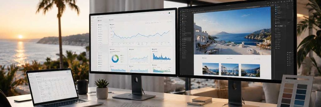 Espacio de trabajo de una agencia de diseño web y SEO en Benidorm mostrando una página web profesional y analíticas de rendimiento.