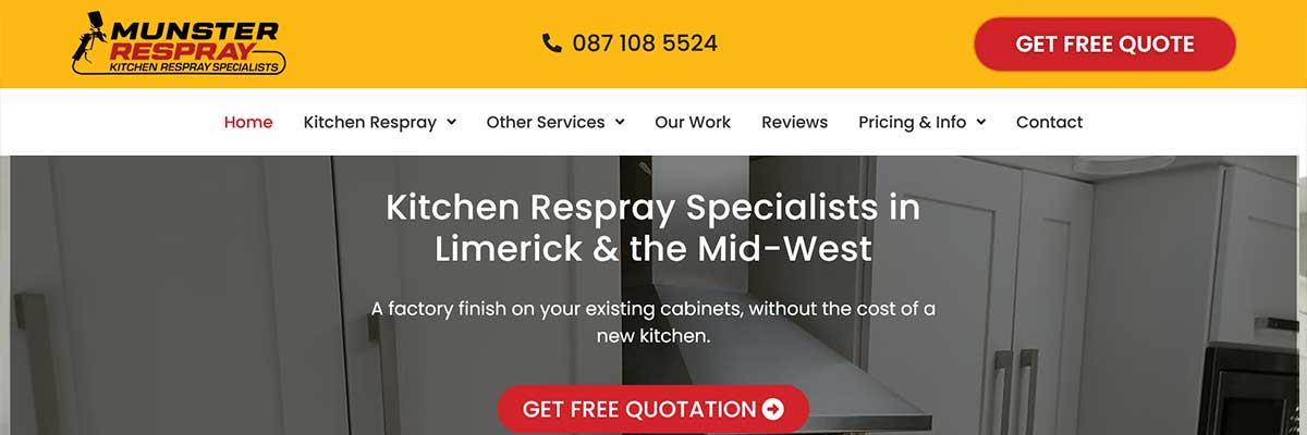 Munster Respray Irlanda homepage — diseño web para empresa de pintura de cocinas en Limerick